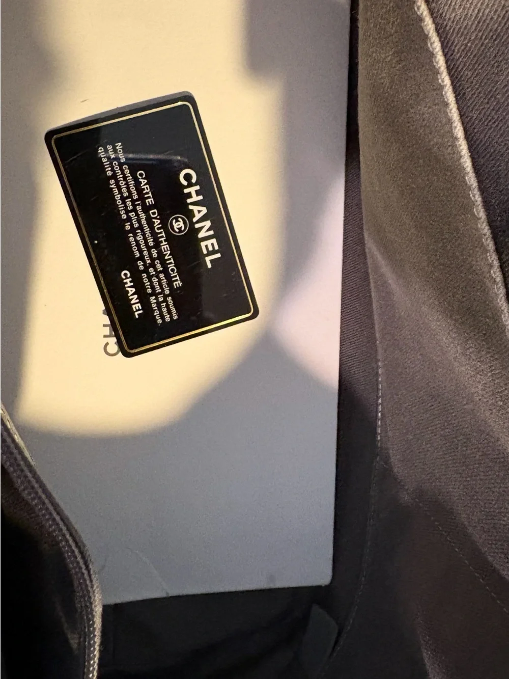CHANEL Gray Canvas Tote with White Logo and Chain Handles